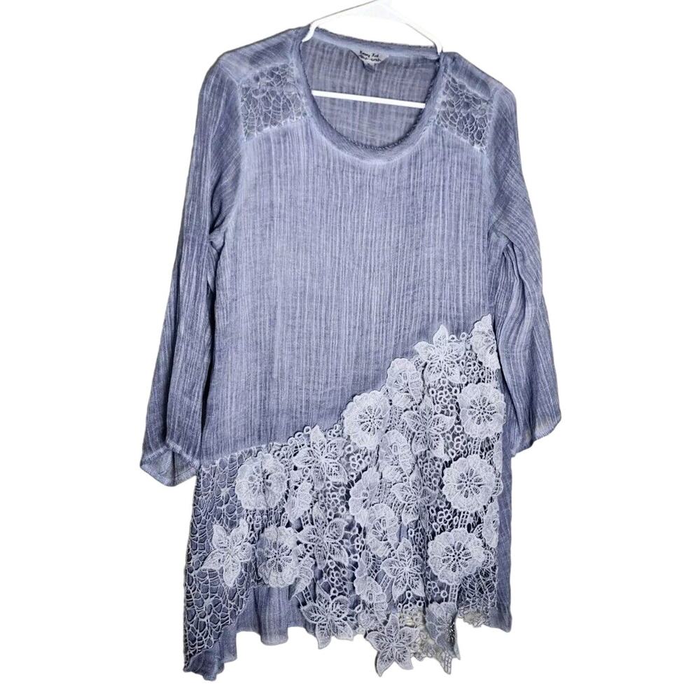 Krazy Kat Tunic Blouse Size Medium Blue Crinkle Gauze‎ Crochet Lace Boho